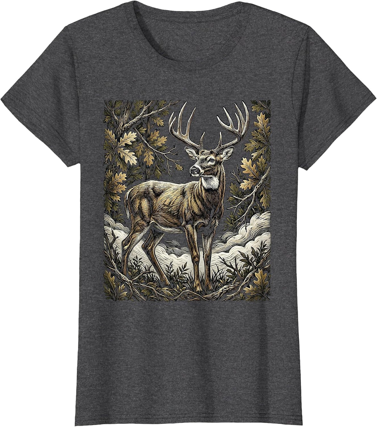 Women's Deer Buck Camouflage Fog Hunting Graphic T-Shirt - Dark Heather Grey