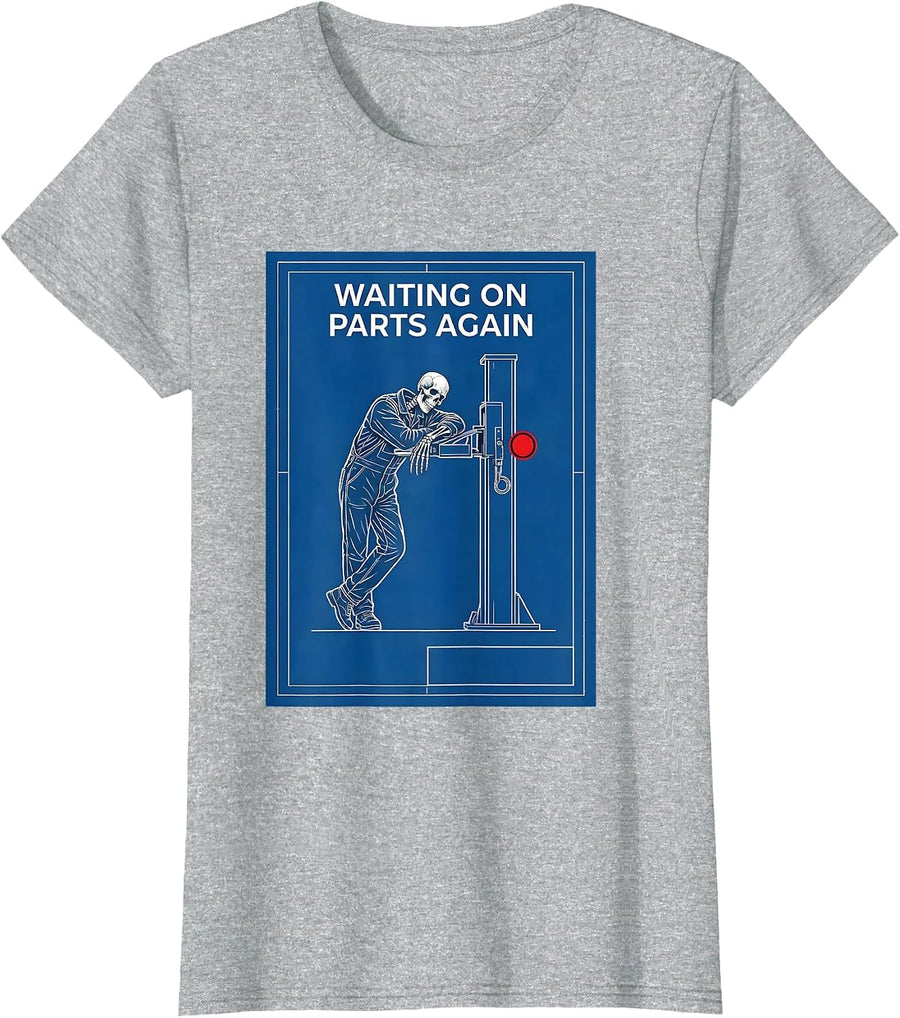 Waiting On Parts Again Funny Mechanic Skeleton Auto Repair T-Shirt - Heather Grey