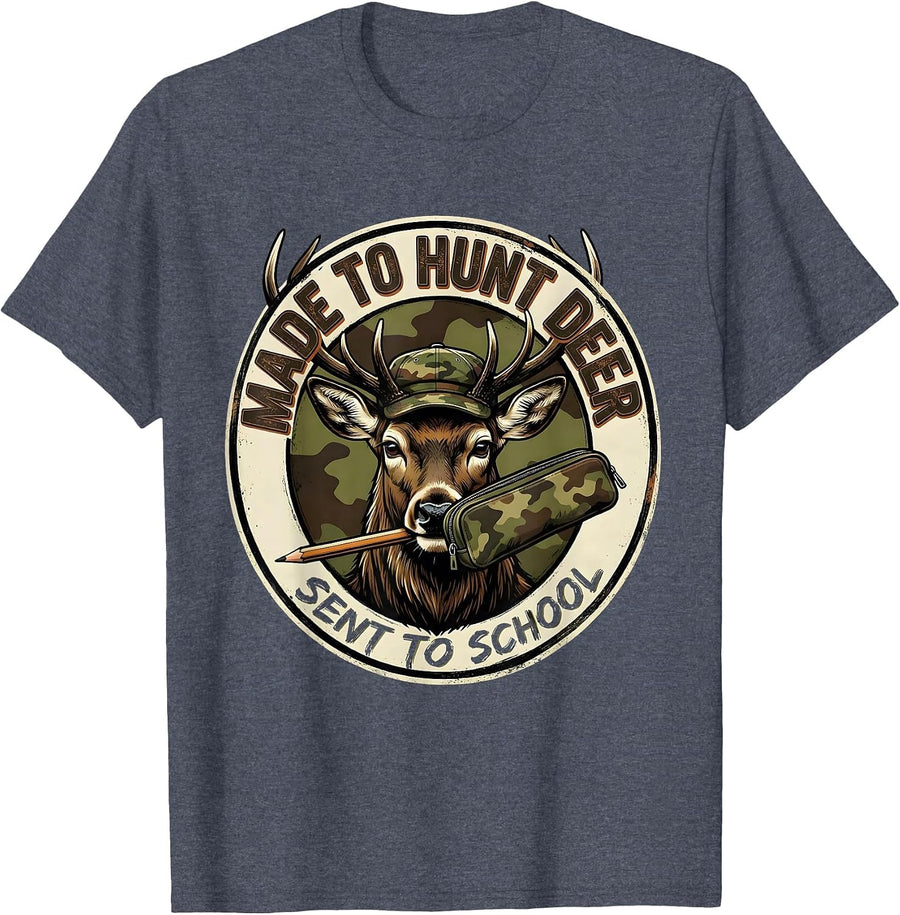 Made To Hunt Deer Sent To School Vintage Camo Youth Back T-Shirt - Heather Blue