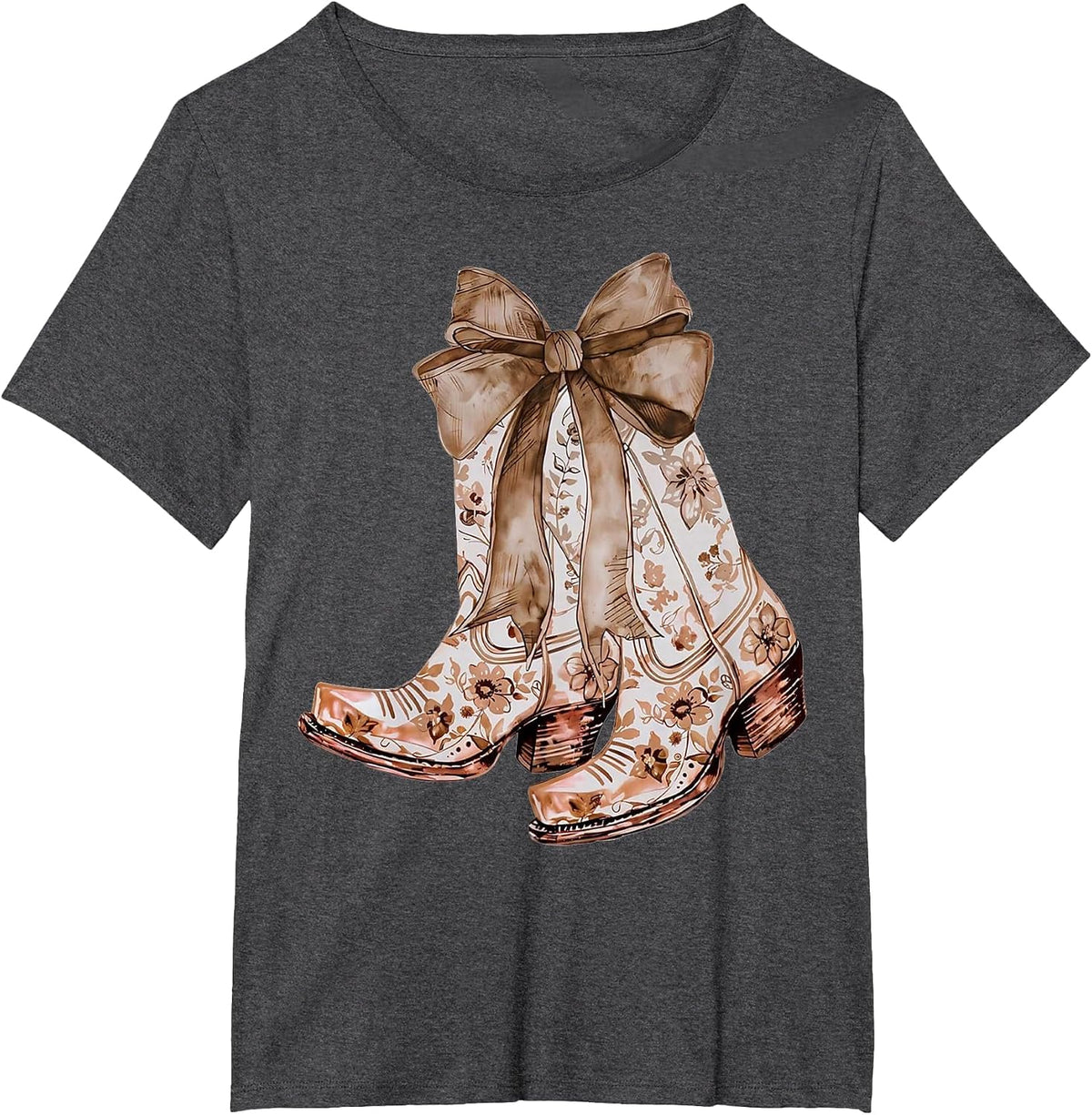 Howdy Brown Leather Bow Cowhide Coquette T-Shirt - Dark Heather Grey