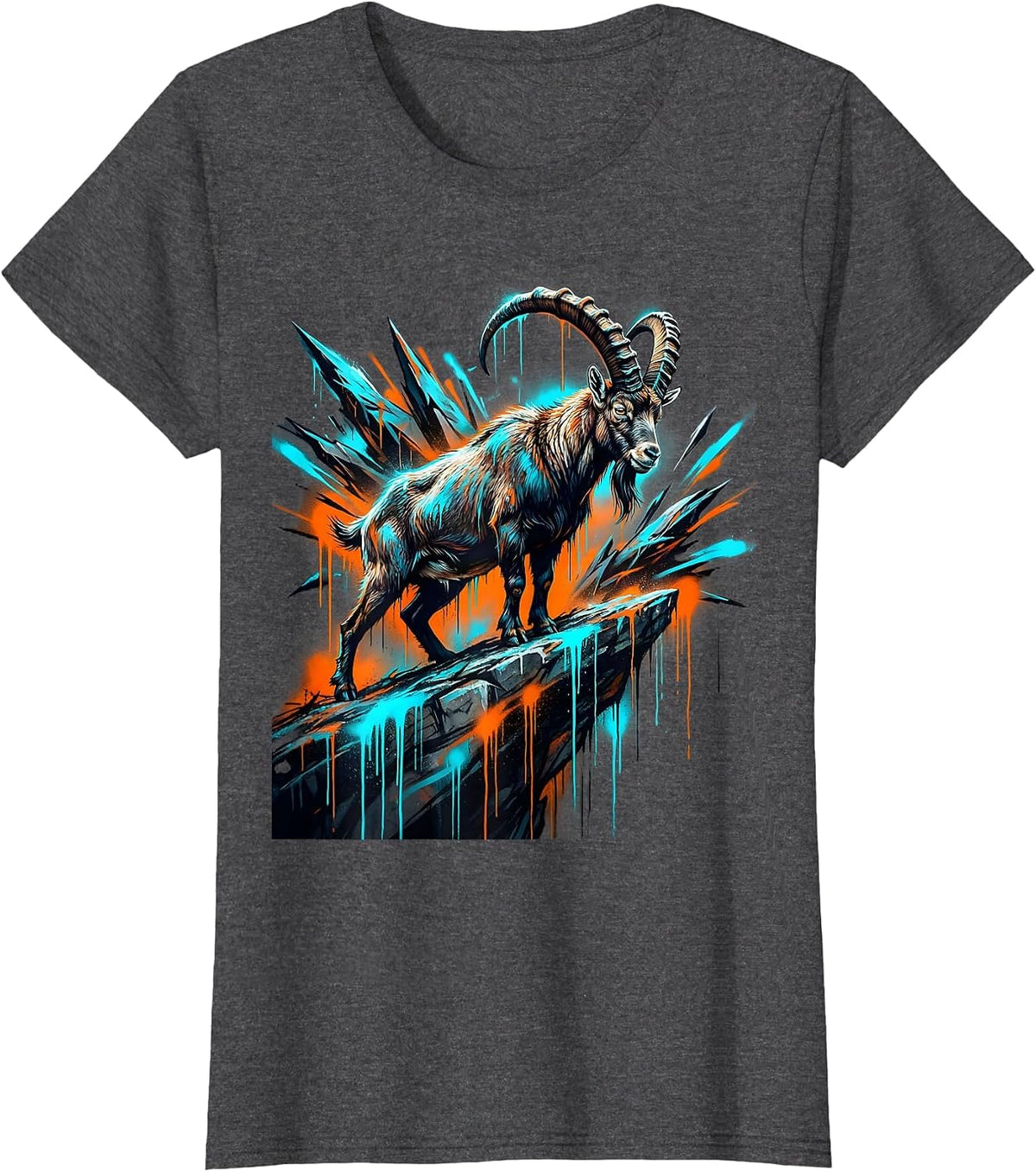 Women's Mountain Goat Cliff Edge Wildlife Illustration T-Shirt - Dark Heather Grey