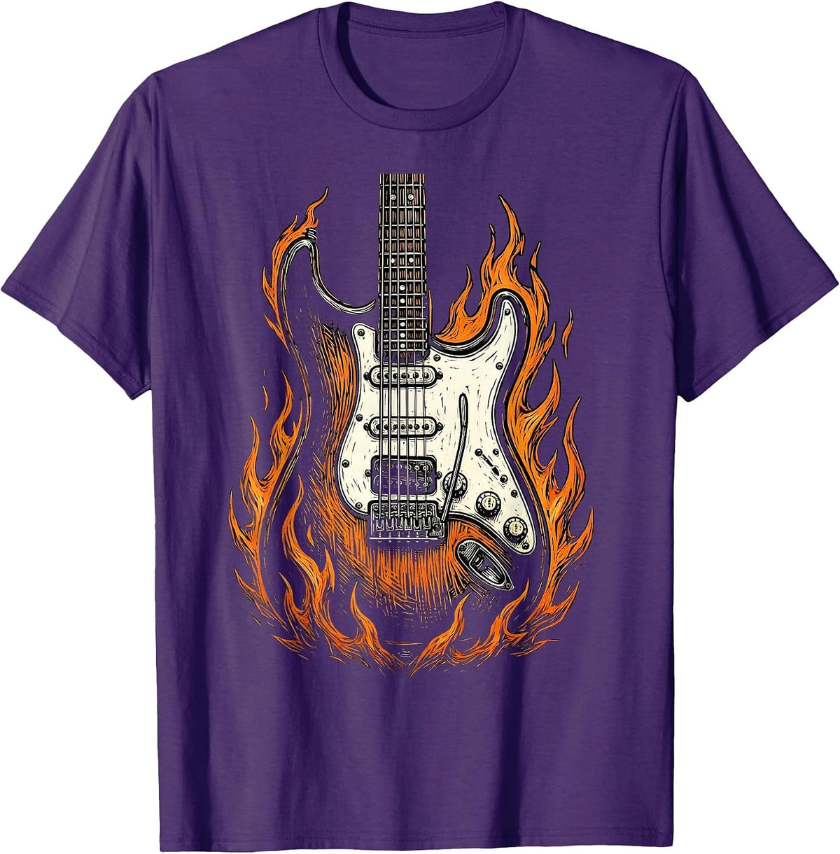 Flaming Electric Guitar Rock Music Graphic T-Shirt - Purple