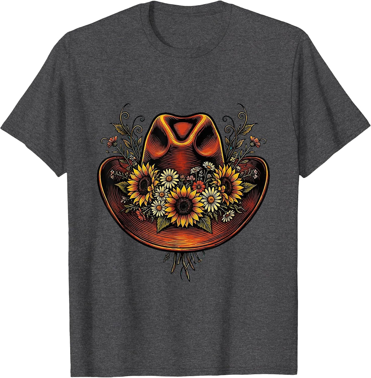 Cowgirl Hat With Wildflowers Boho Western Design T-Shirt - Dark Heather Grey