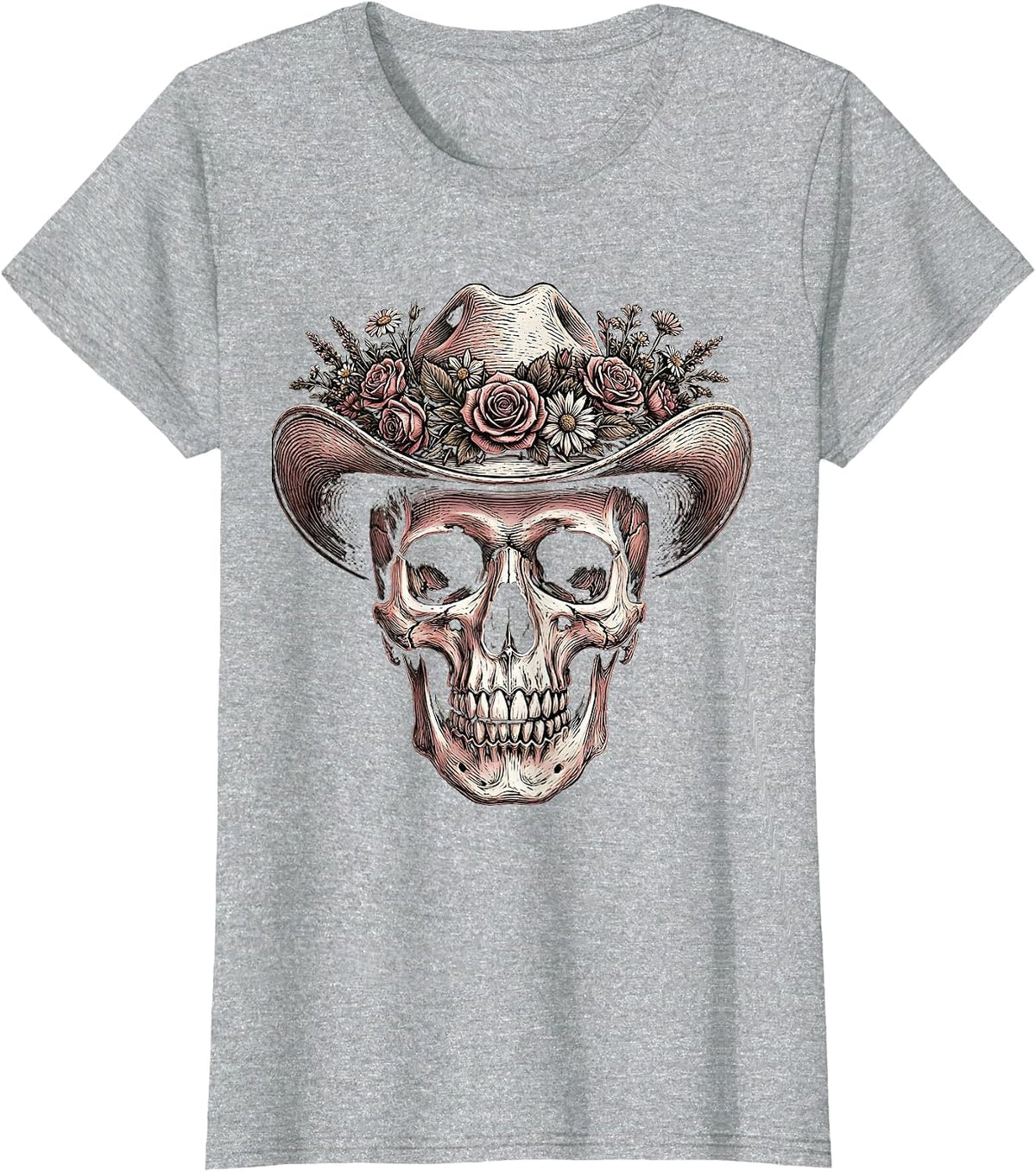 Cowgirl Skull Floral Crown Western Art Design T-Shirt - Heather Grey
