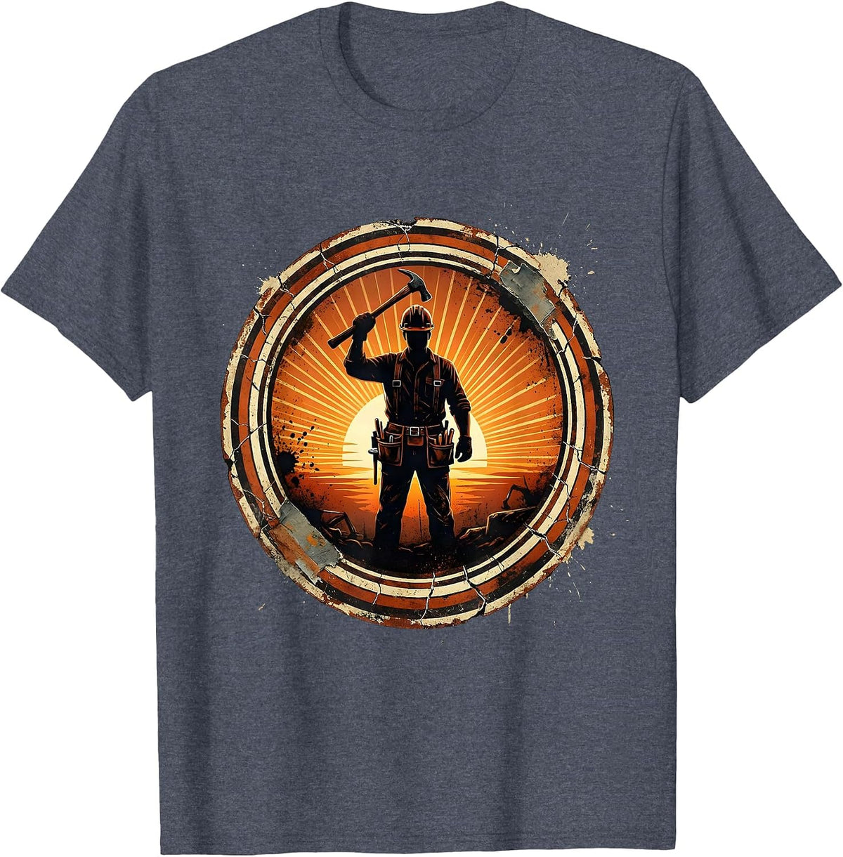 Construction Worker Silhouette Sunset Graphic T-Shirt - Heather Blue