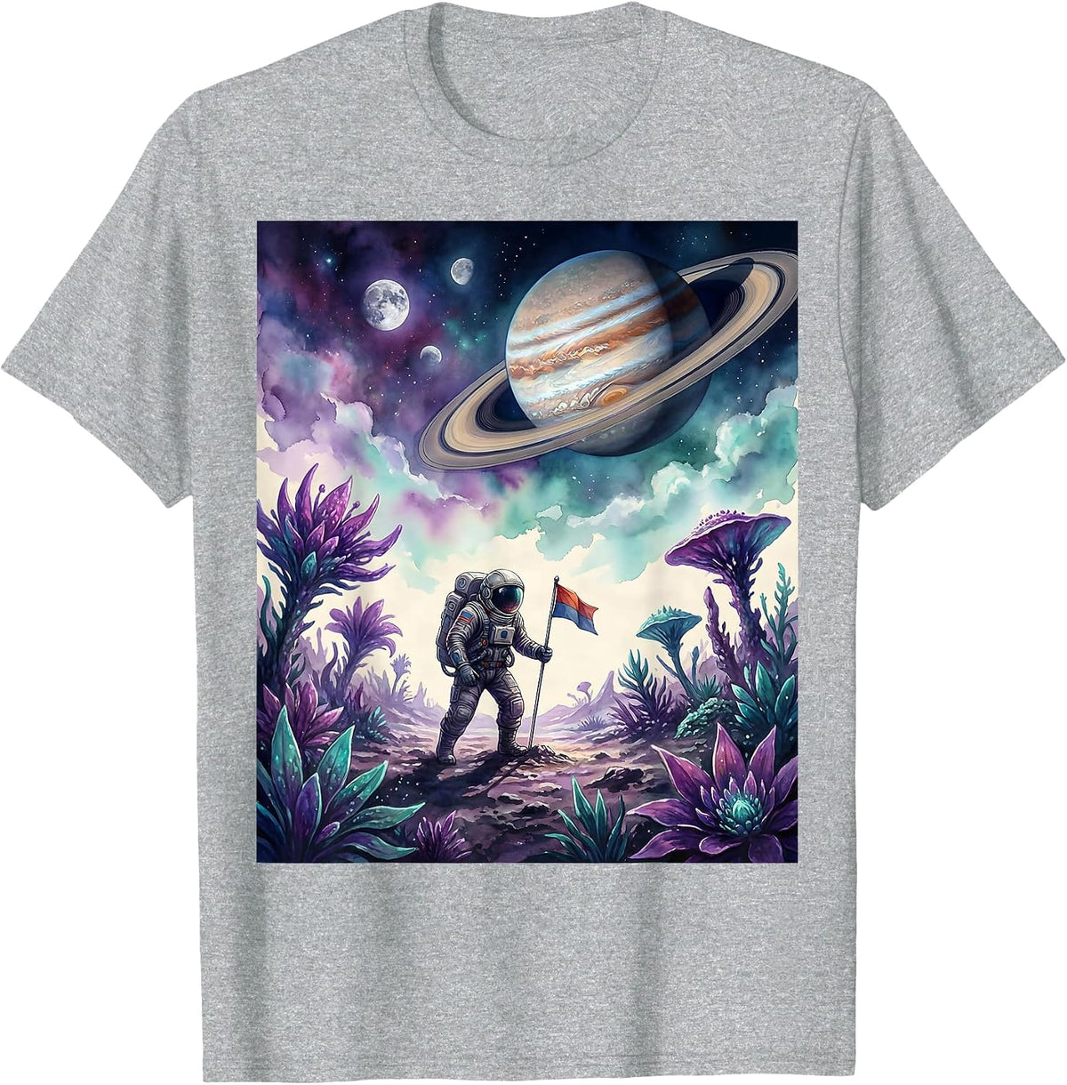 Men's Astronaut Planting Flag on Colorful Alien Planet T-Shirt - Heather Grey