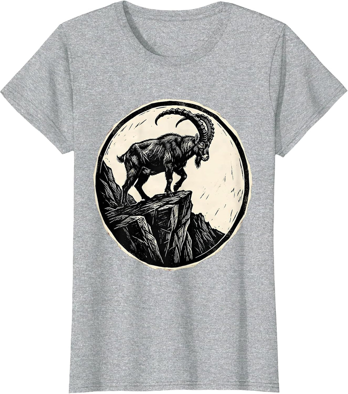 Mountain Goat Sheer Cliff Edge Wildlife Illustration T-Shirt - Heather Grey