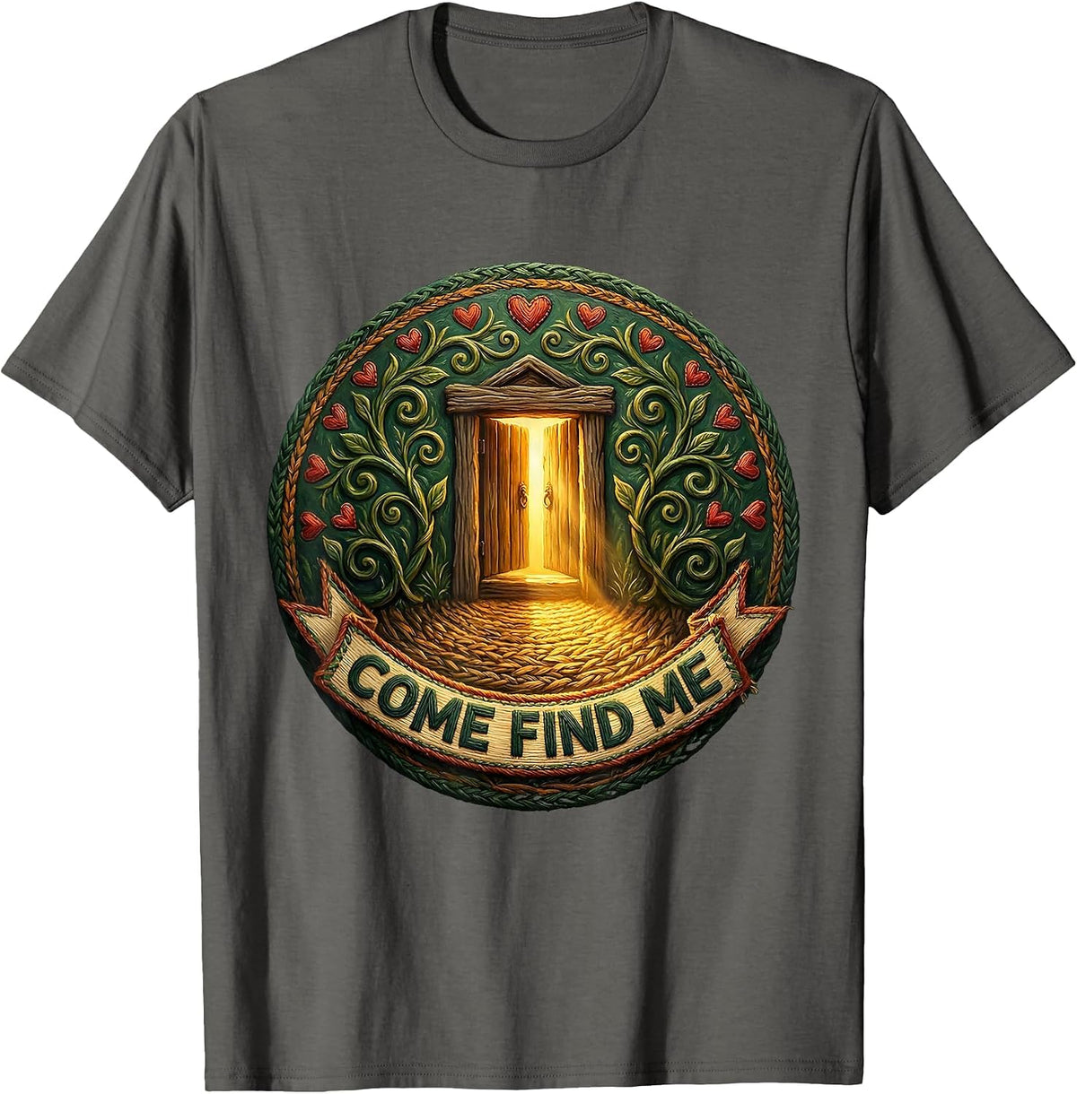 Men's Come Find Me Folk Art School Counselor Student Services Crew T-Shirt - Asphalt Grey
