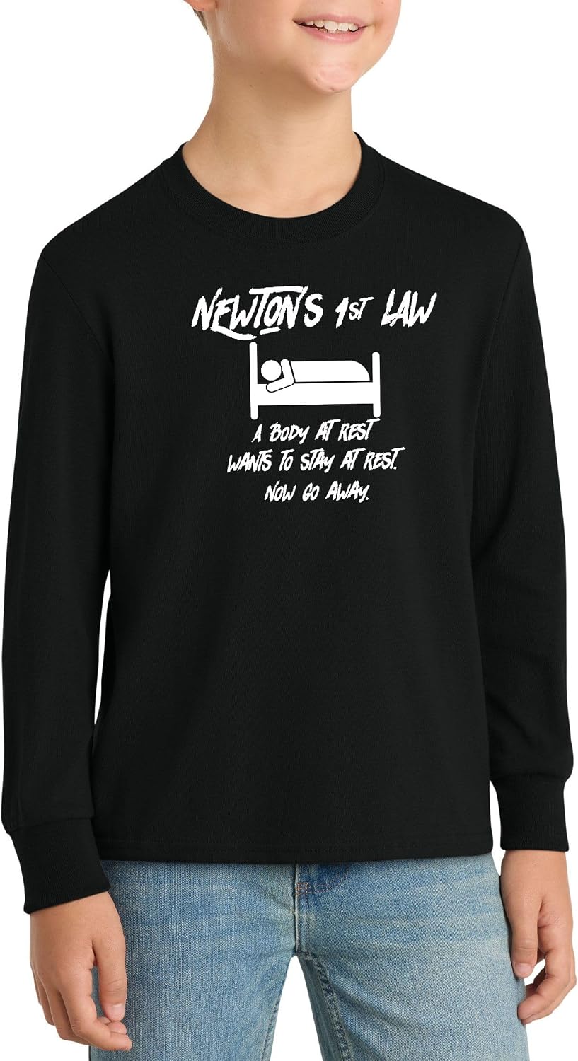 Newton's 1st Law A Body at Rest Funny Gamer Science Graphic Top Cotton Tee Adult Youth Tall Men Women - Long Sleeve Black