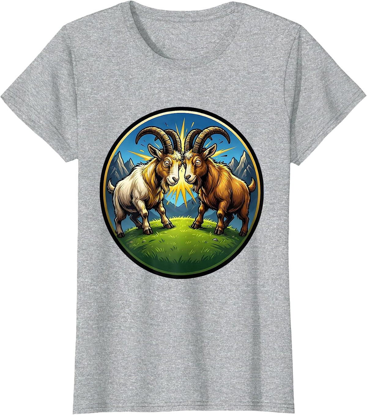 Women's Dueling Goats Locking Horns on a Hilltop T-Shirt - Heather Grey