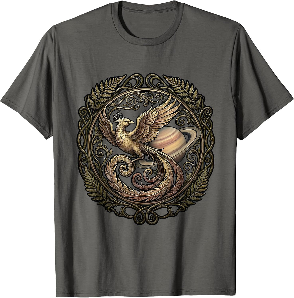 Men's Bird in Flight Past Ringed Planet Space Art T-Shirt - Asphalt Grey