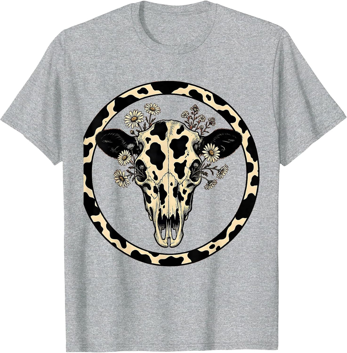 Men's Cow Skull Wildflowers Boho Western Floral Illustration T-Shirt - Heather Grey
