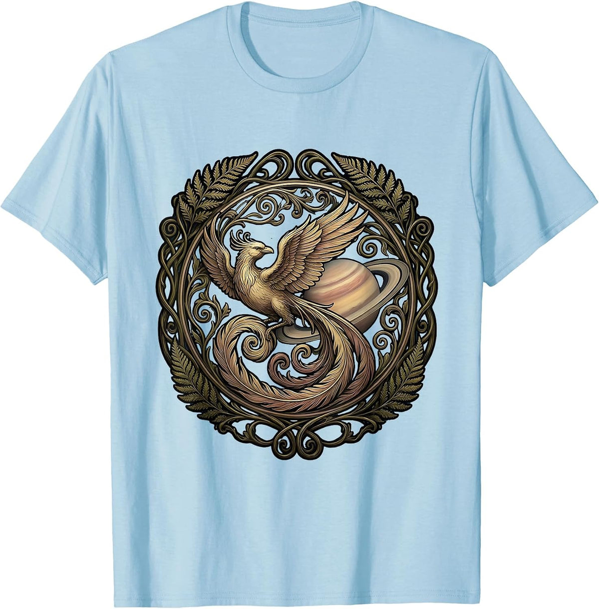 Men's Bird in Flight Past Ringed Planet Space Art T-Shirt - Baby Blue