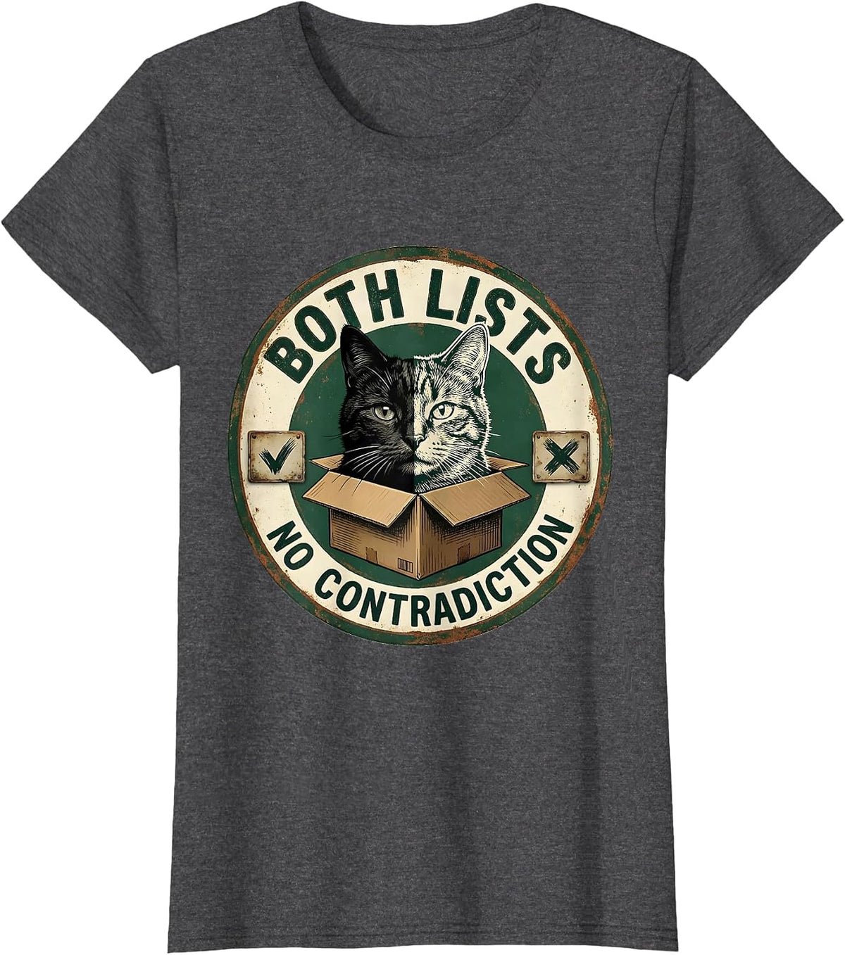 Women's Both Lists No Contradiction Vintage Science Cat Quantum T-Shirt - Dark Heather Grey