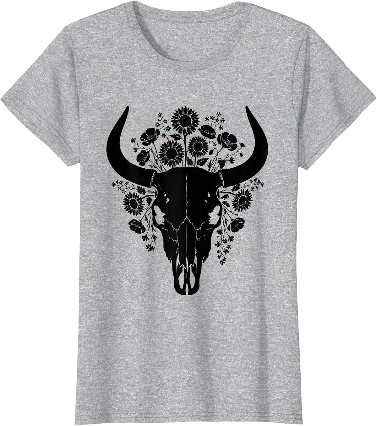Women's Bull Skull Wildflowers Western Boho Graphic Tee T-Shirt - Heather Grey
