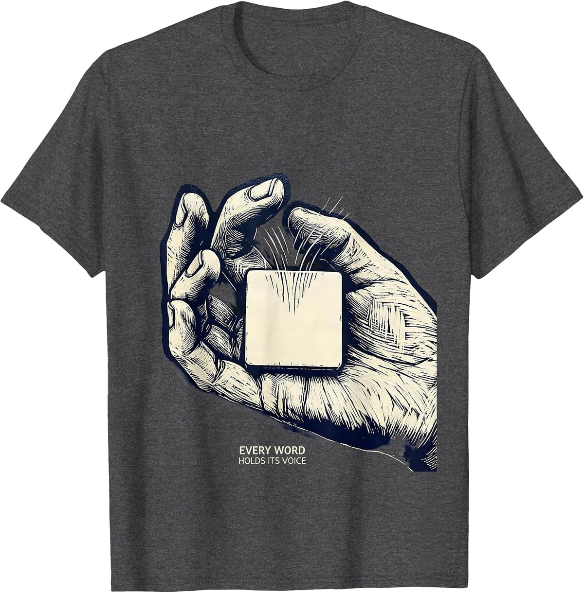 Men's Every Word Holds Its Voice Linocut Speech Language T-Shirt - Dark Heather Grey