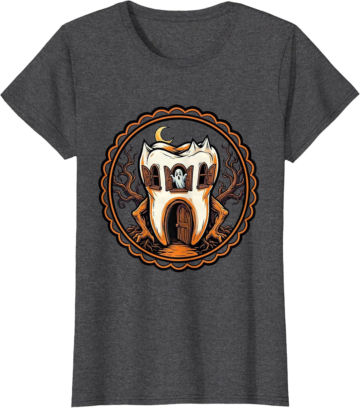 Women's Haunted Molar House Dental Halloween Design T-Shirt - Dark Heather Grey