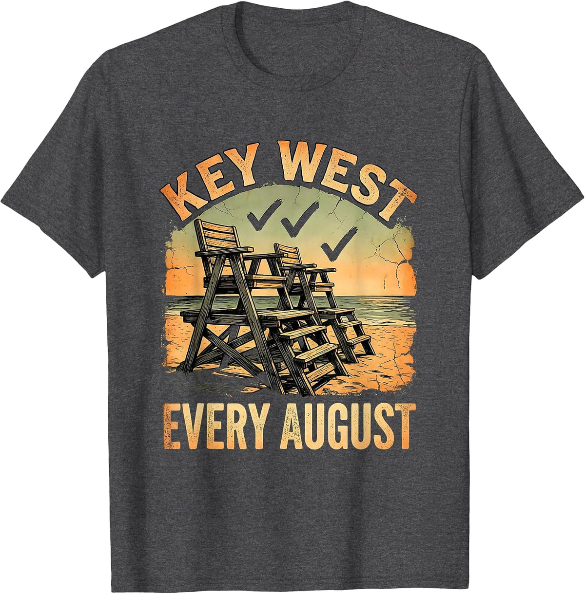 Men's KEY WEST EVERY AUGUST Boho Summer Casual Beach Souvenir T-Shirt - Dark Heather Grey