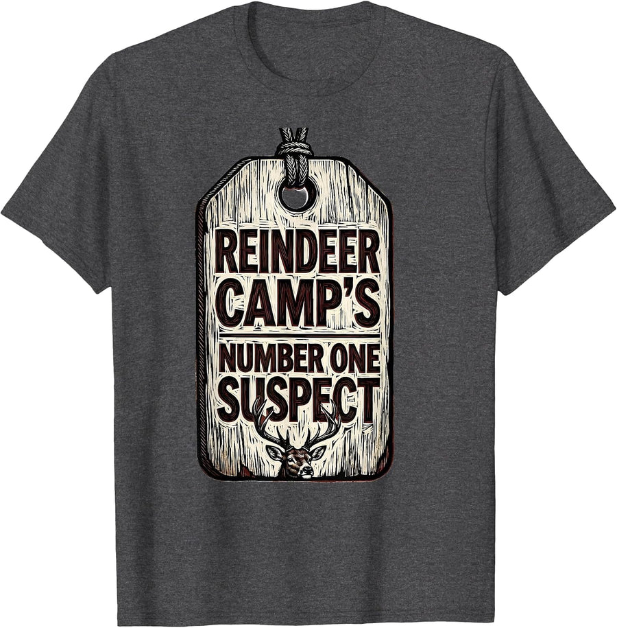 Men's Reindeer Camp's Number One Suspect Funny Deer Hunter T-Shirt - Dark Heather Grey