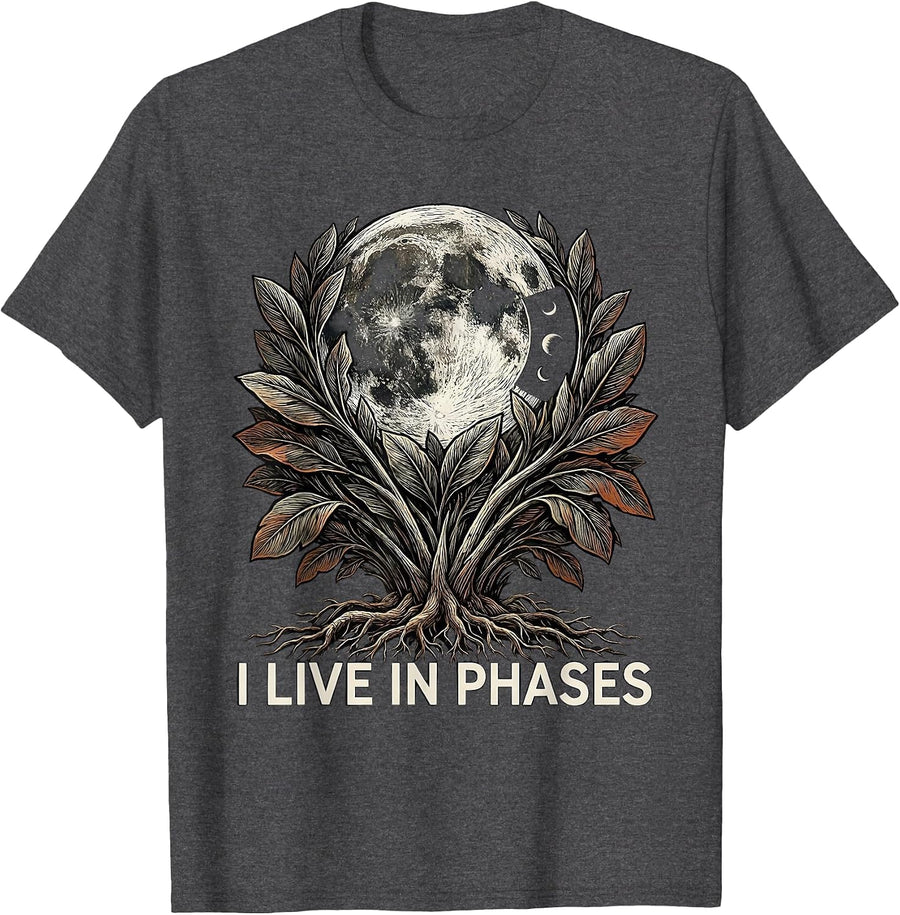Men's I Live In Phases Mystic Moon Phases Boho Celestial Botanical T-Shirt - Dark Heather Grey