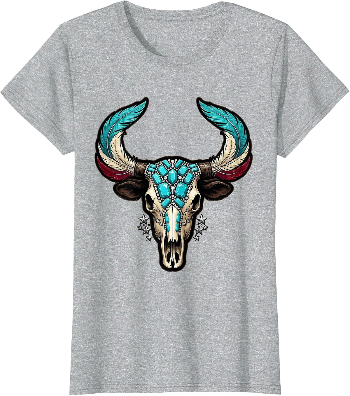 Women's Turquoise and Feather Cow Skull Cowgirl Design T-Shirt - Heather Grey