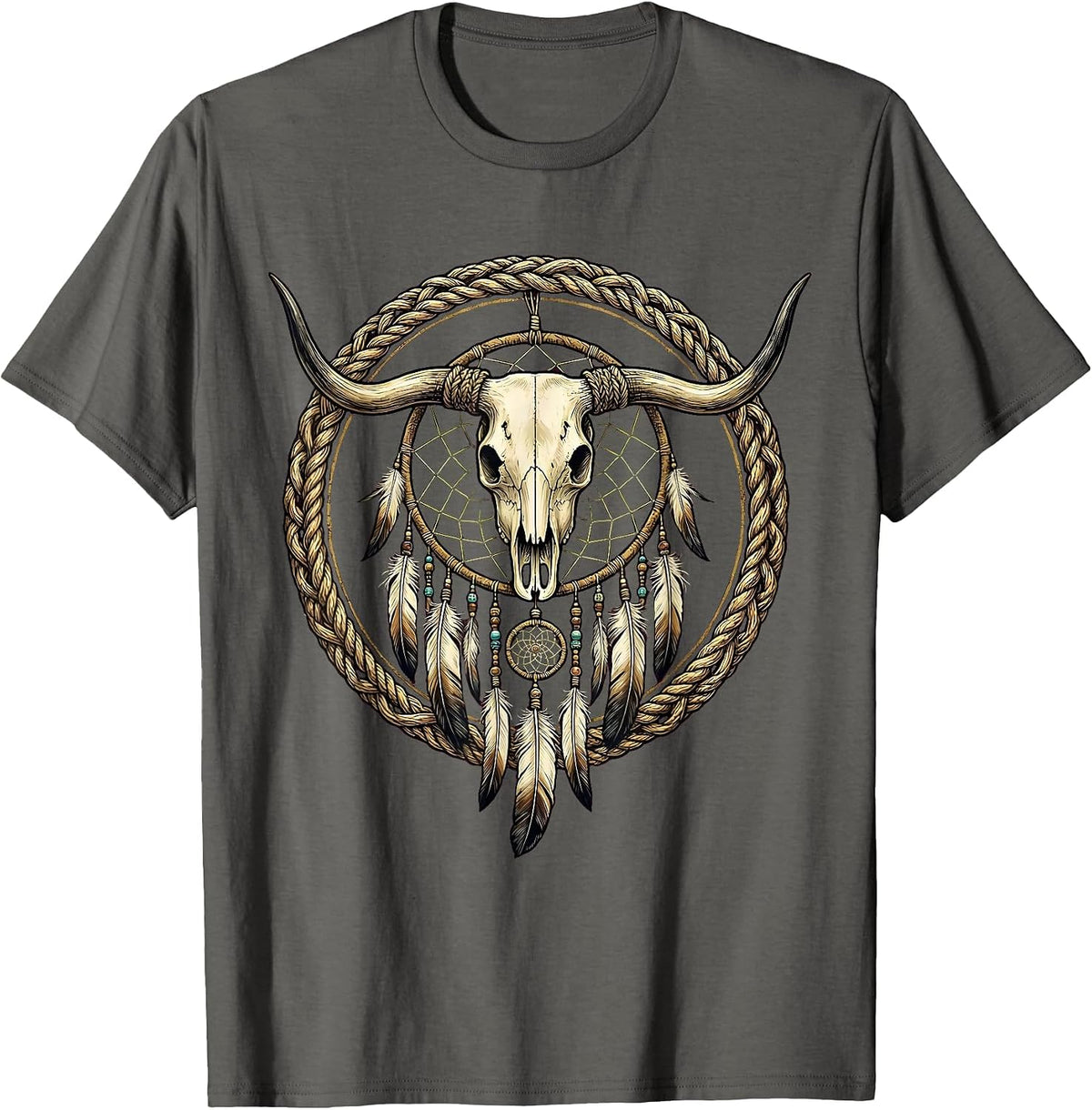 Dreamcatcher Longhorn Skull Western Boho Art T-Shirt - Asphalt Grey