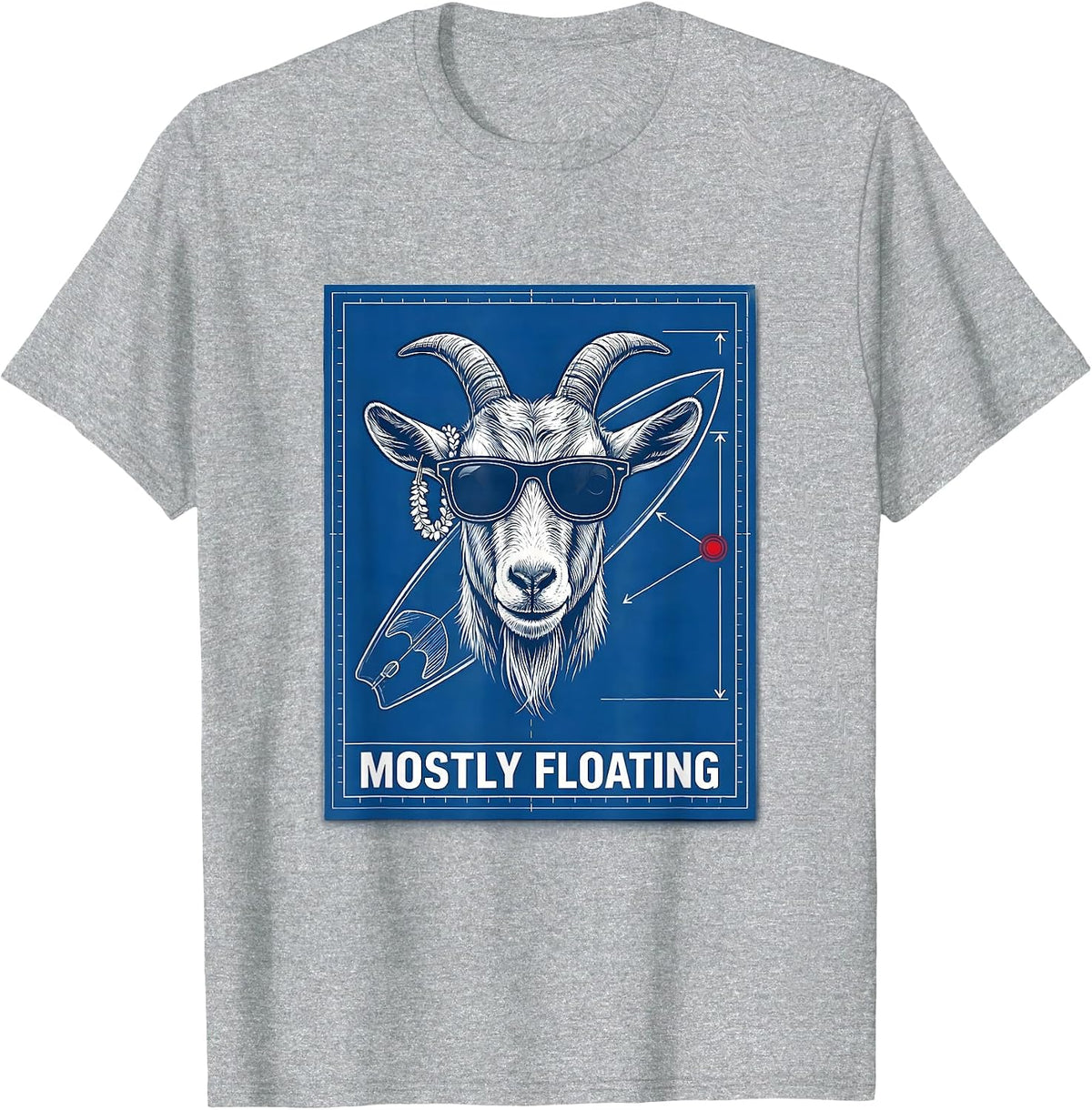 Men's Mostly Floating Technical Blueprint Goat Surfboard Humor T-Shirt - Heather Grey