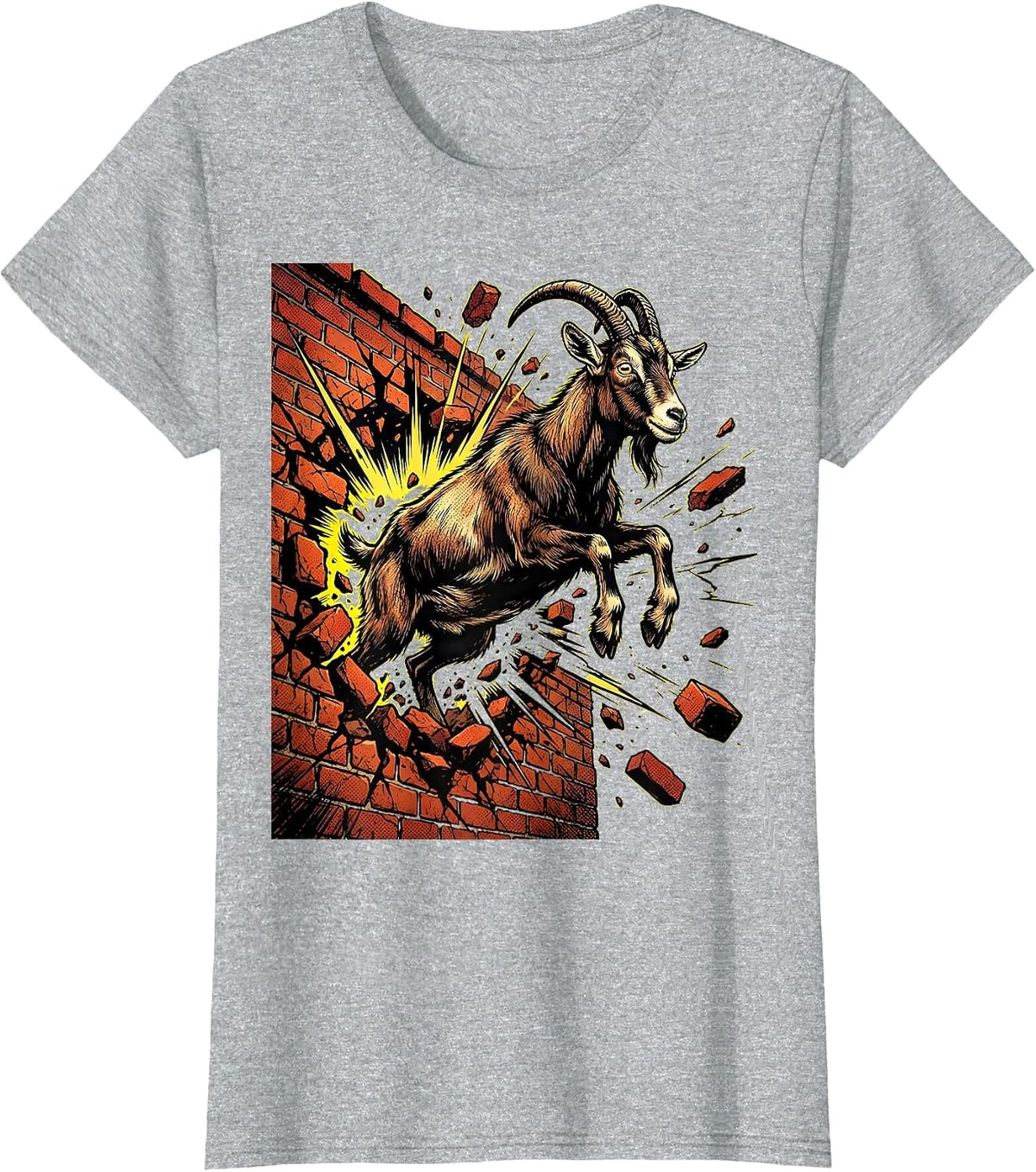 Women's Unhinged Goat Smashing Through Brick Wall T-Shirt - Heather Grey