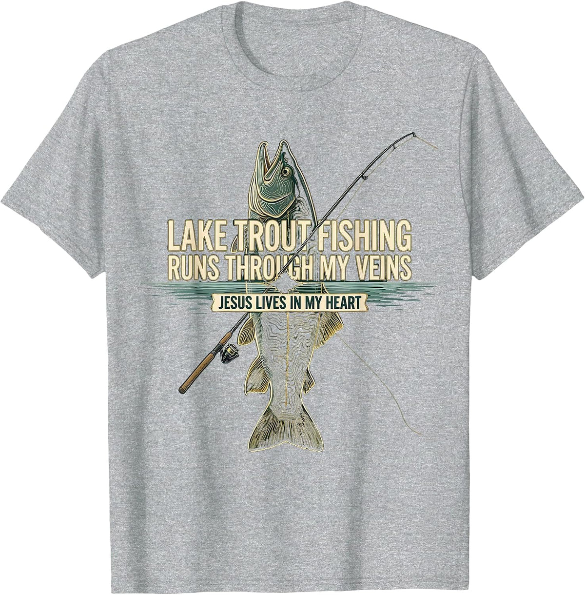 Men's Lake Trout Fishing Runs Through My Veins Jesus Lives T-Shirt - Heather Grey