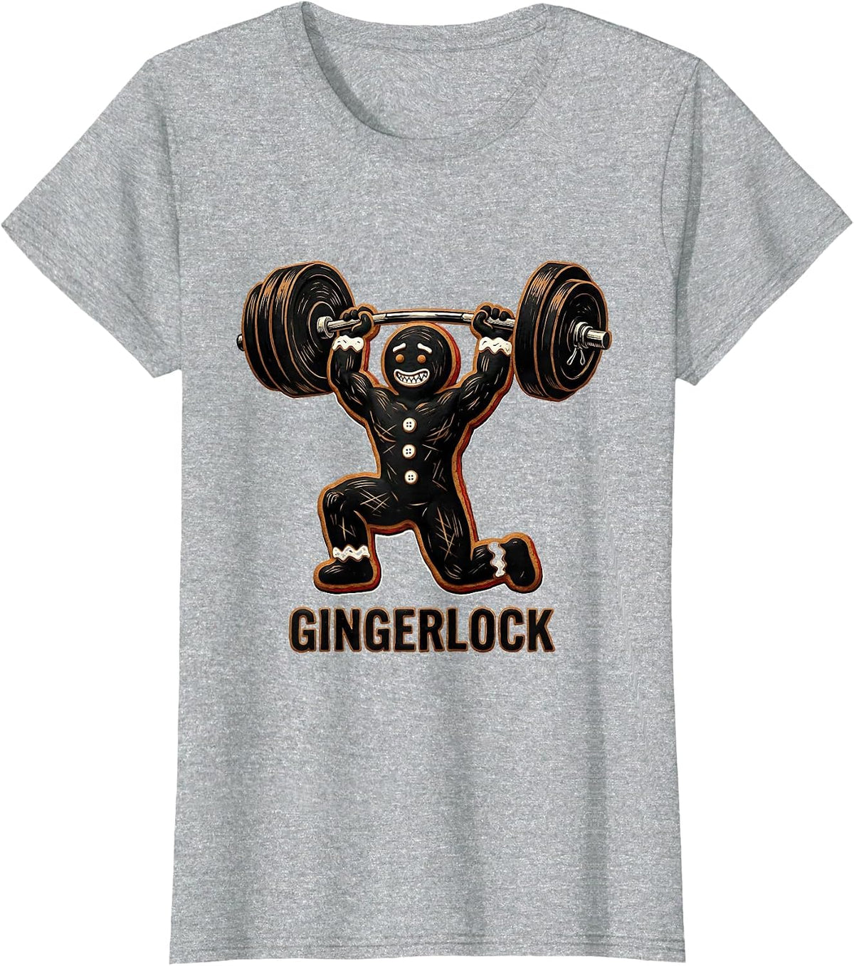 Gingerlock Linocut Gingerbread Man Gym Weightlifting T-Shirt - Heather Grey