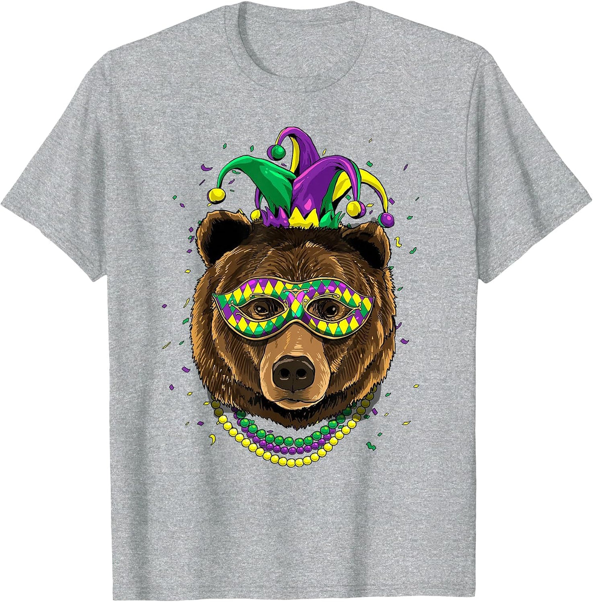 Bear Animal Lover Cute Mardi Gras Carnival Jester T-Shirt, Men, Heather Grey, Small - As Pictured