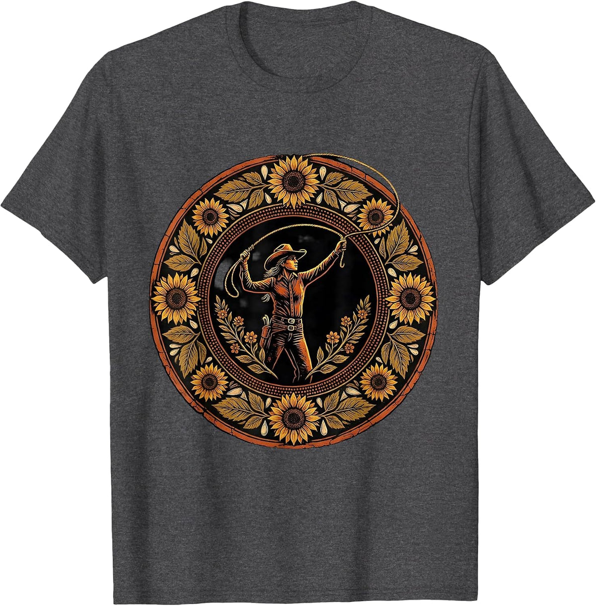 Rodeo Lasso Cowgirl Graphic Tee T-Shirt - Dark Heather Grey
