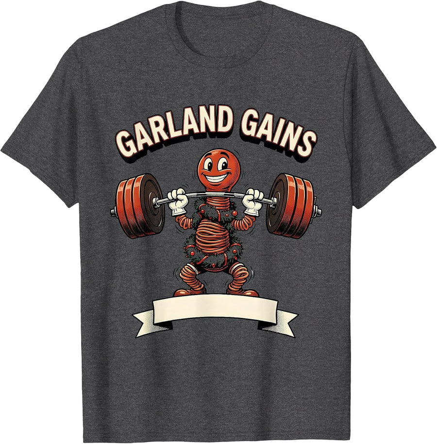Men's Garland Gains Retro Cartoon Funny Christmas Gym Fitness T-Shirt - Dark Heather Grey