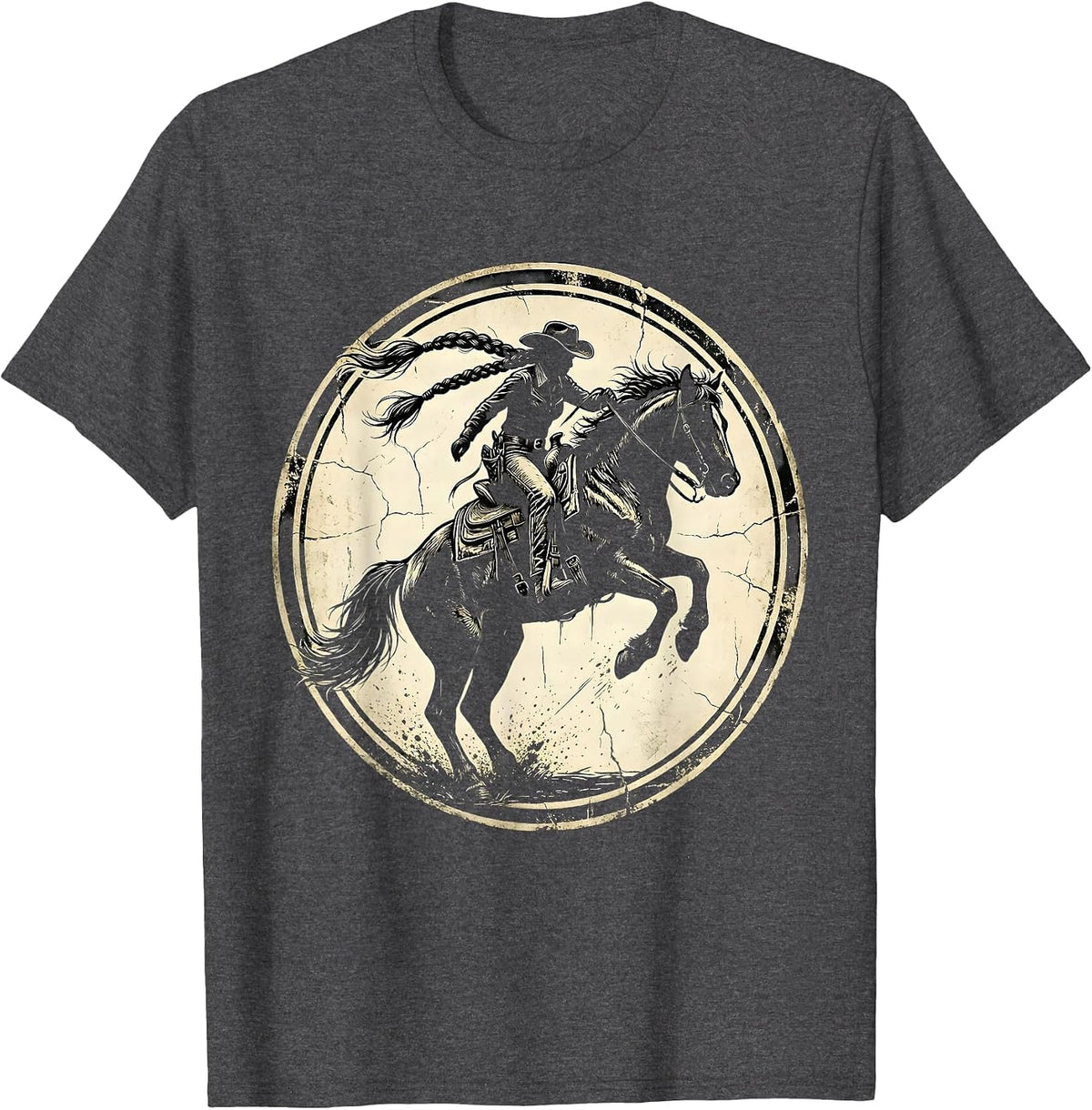 Denim Cowgirl Braids Bucking Bronco Rodeo Art T-Shirt - Dark Heather Grey