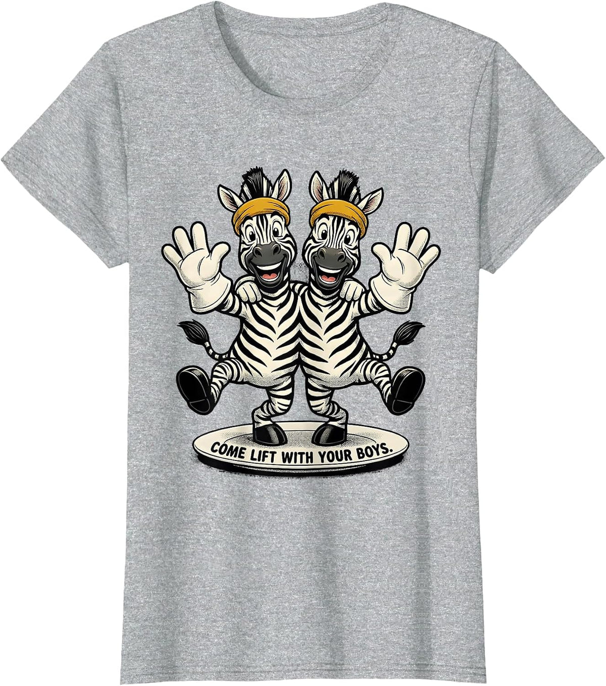 Women's Come Lift With Your Boys Retro Cartoon Zebra Duo Gym Humor T-Shirt - Heather Grey