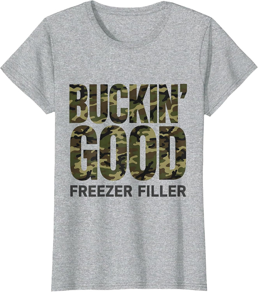 Buckin' Good Freezer Filler Funny Deer Hunting Camo Dad T-Shirt - Heather Grey