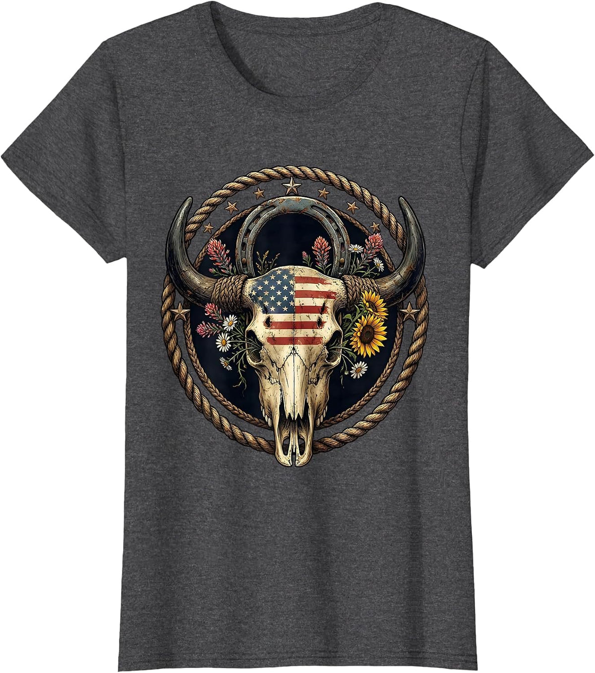 Women's Buffalo Skull Wildflowers Western Boho USA Design T-Shirt - Dark Heather Grey