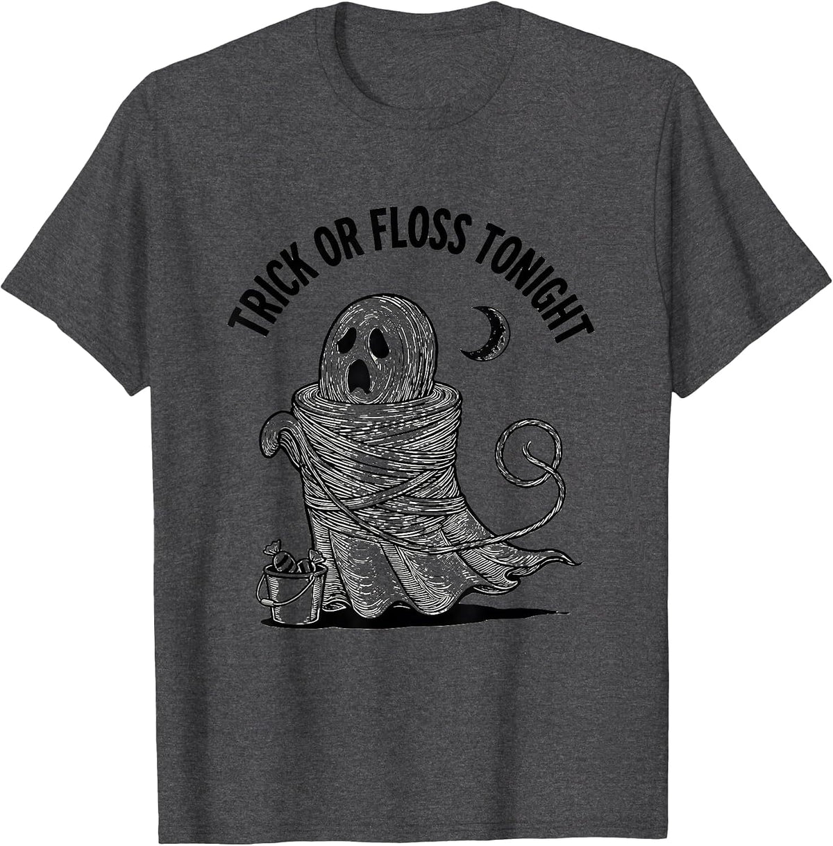Trick Or Floss Tonight Line Art Halloween Dentist Costume T-Shirt - Dark Heather Grey