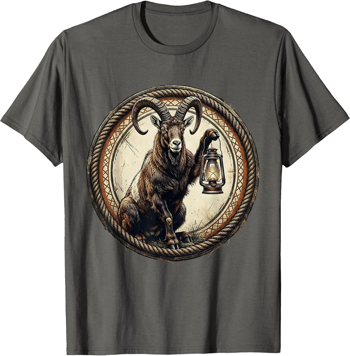 Men's Goat Standing on Hind Legs Holding a Lantern T-Shirt - Asphalt Grey