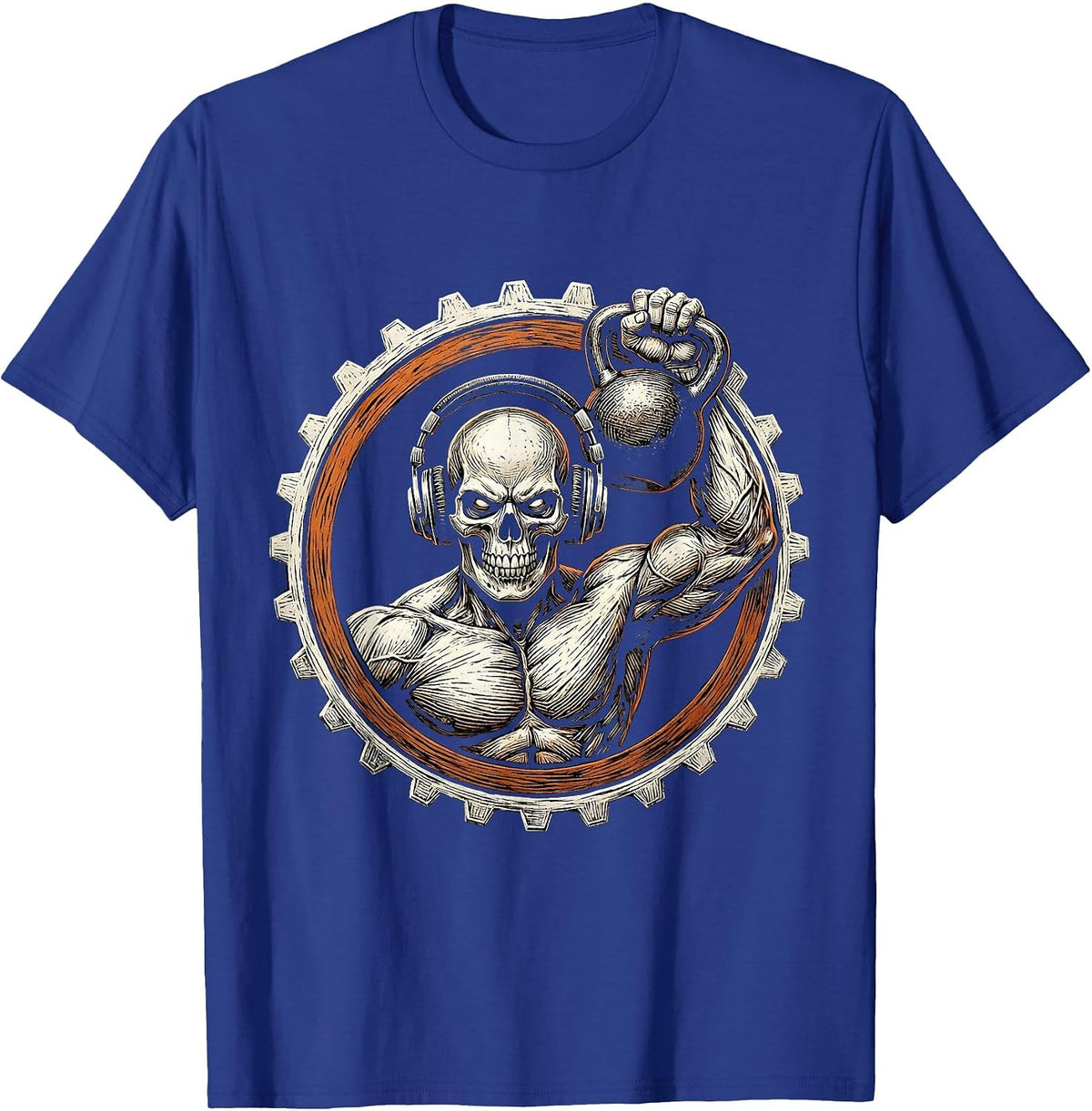 Skull Headphones Kettlebell Workout Graphic T-Shirt - Royal Blue
