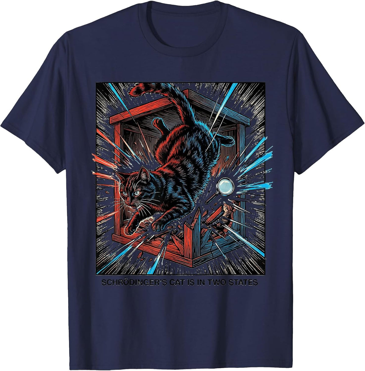 Men's Schrödinger's Cat Is In Two States Comic Book Physics Humor T-Shirt - Navy Blue