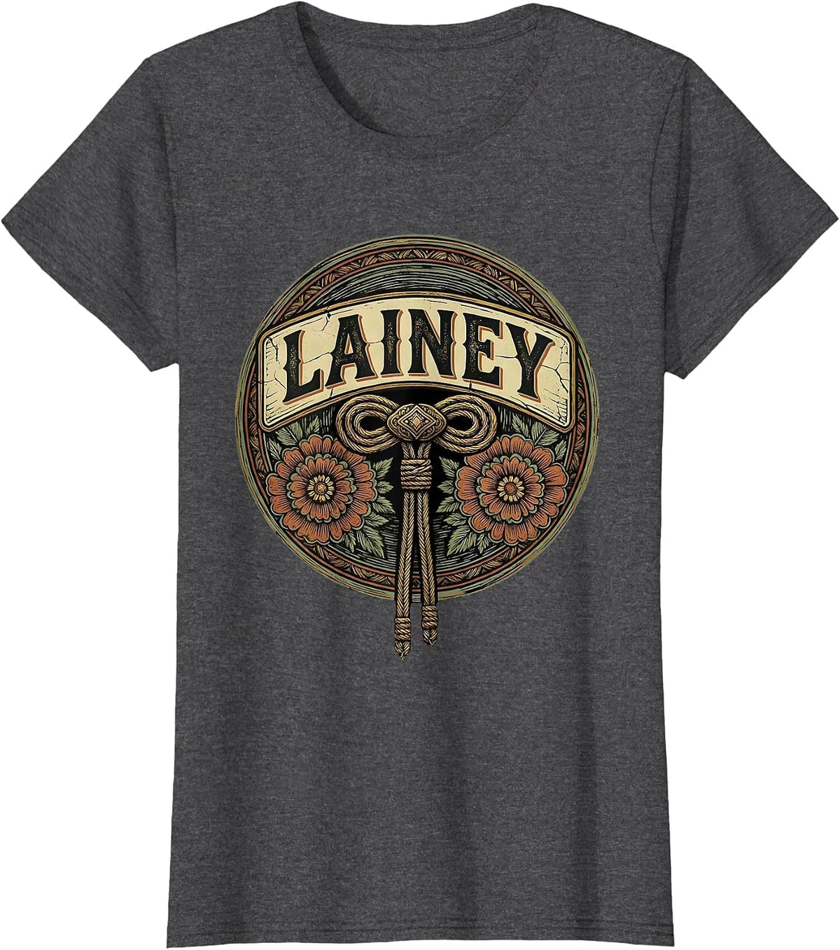 Women's Lainey Boho Folk Floral Western Cowgirl Name Personalized T-Shirt - Dark Heather Grey