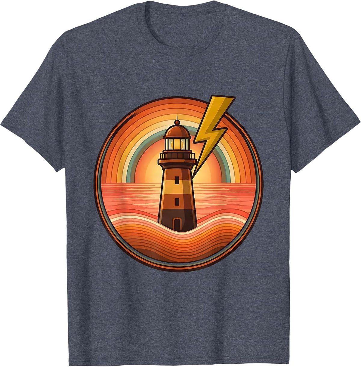 Men's Gulf Coast Lighthouse Lightning Storm Illustration T-Shirt - Heather Blue