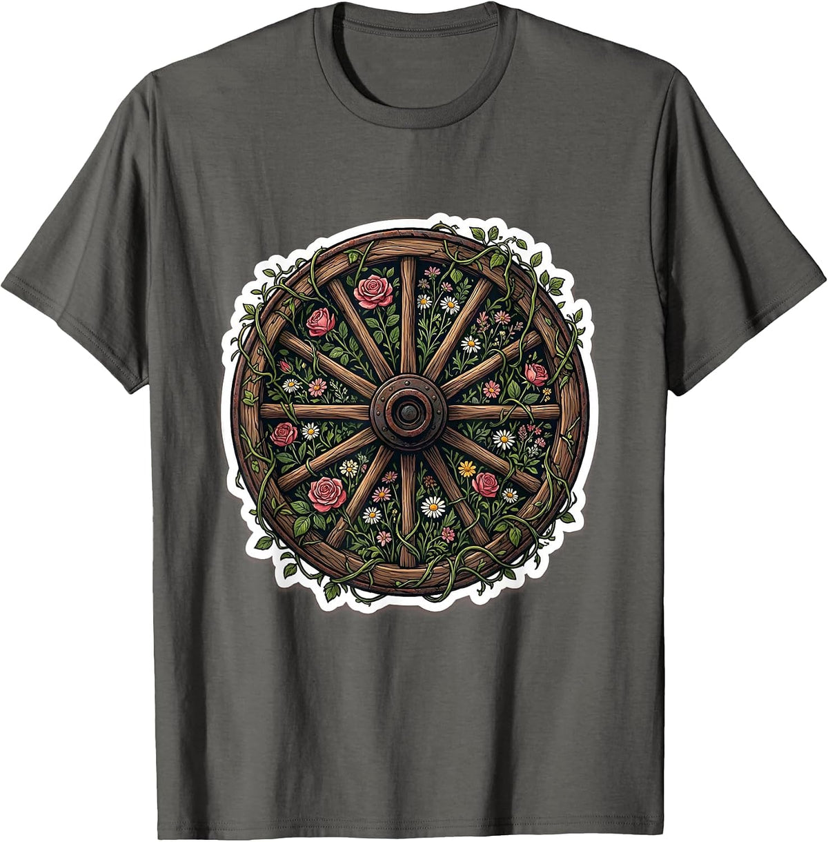 Wagon Wheel Flowering Vines Western Boho Design T-Shirt - Asphalt Grey