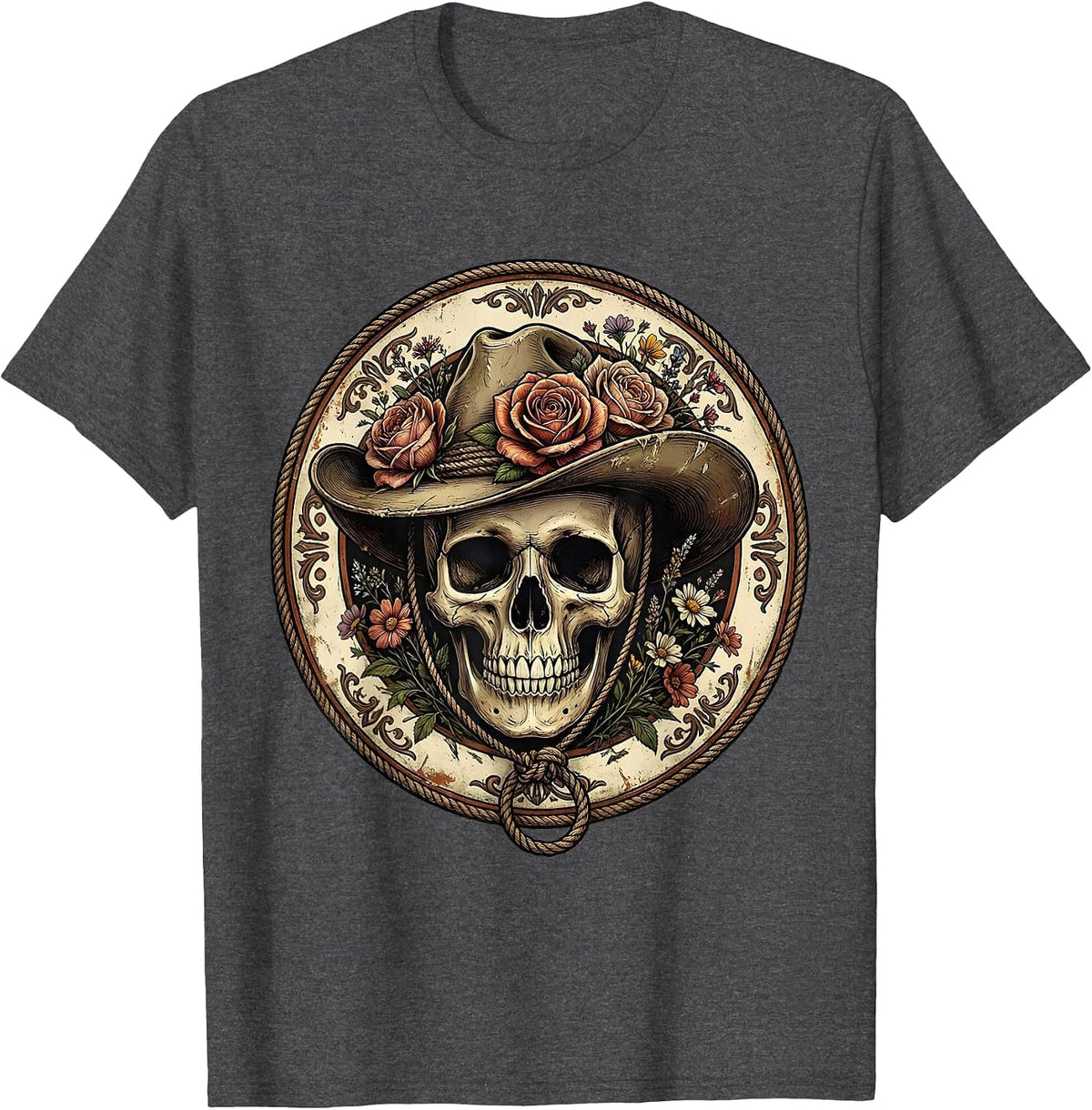 Floral Cowboy Hat Skull Western Art Design T-Shirt - Dark Heather Grey