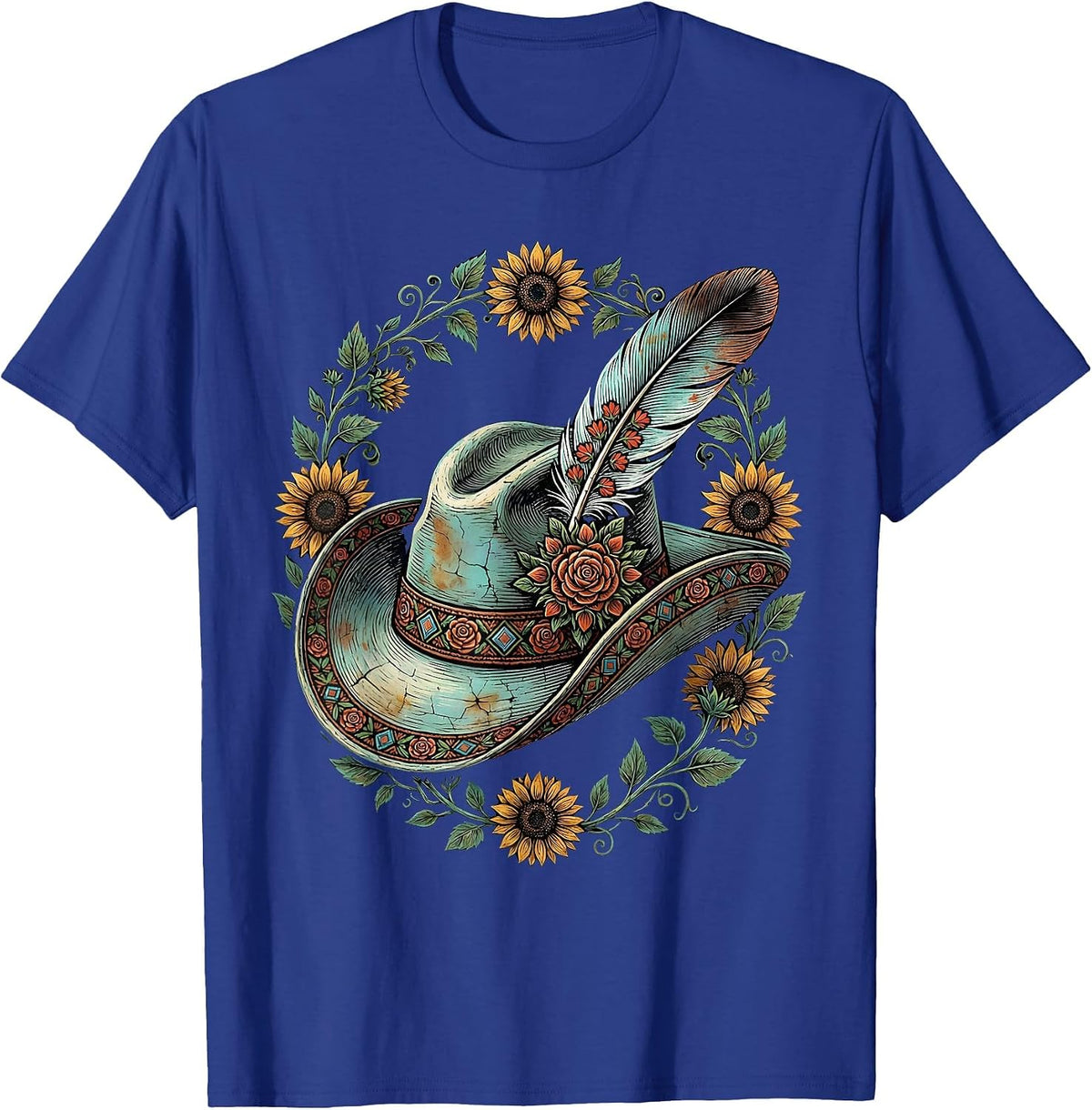 Cowgirl Hat Feather Turquoise Western Boho Design T-Shirt - Royal Blue