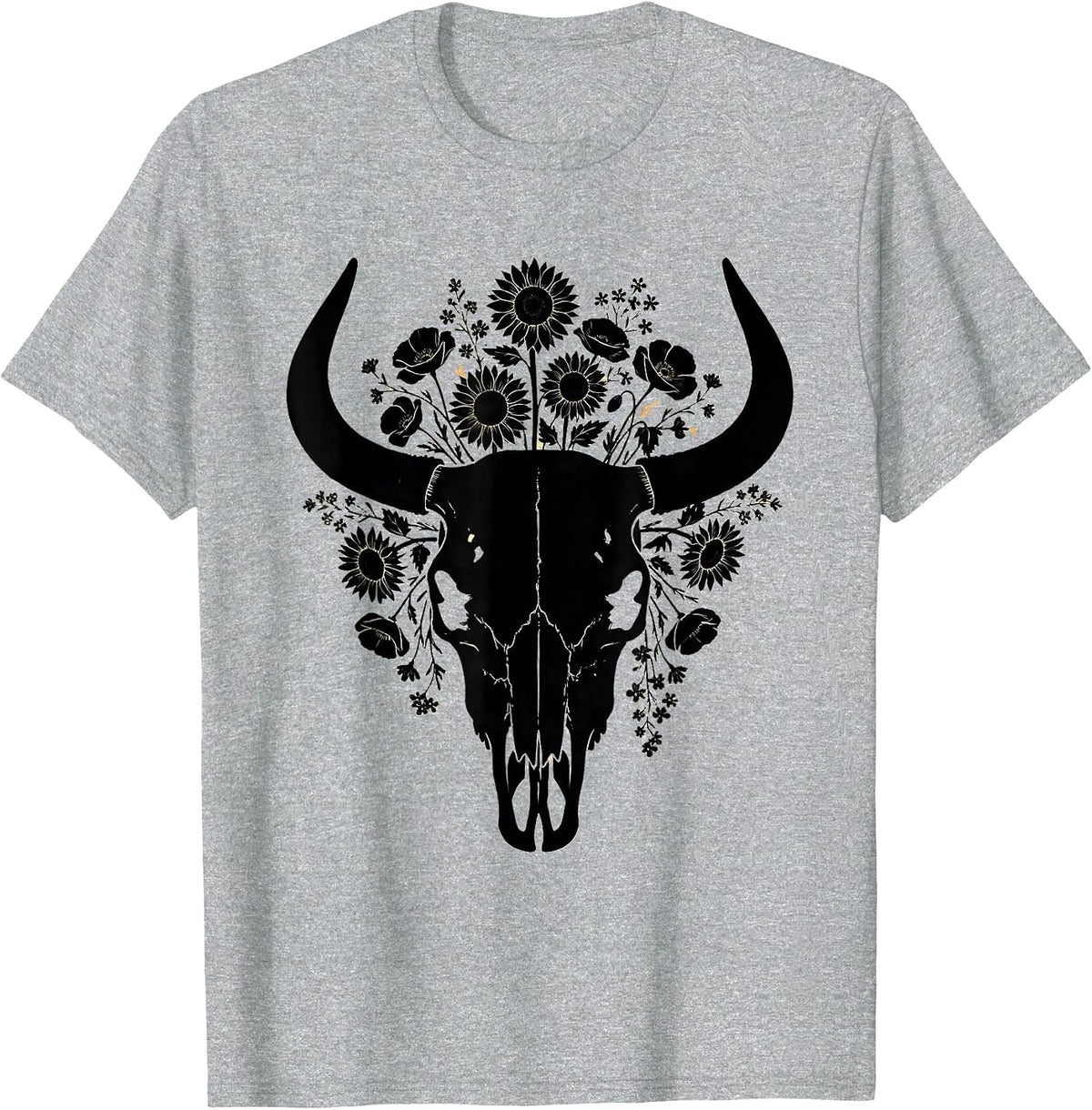 Men's Bull Skull Wildflowers Western Boho Graphic Tee T-Shirt - Heather Grey