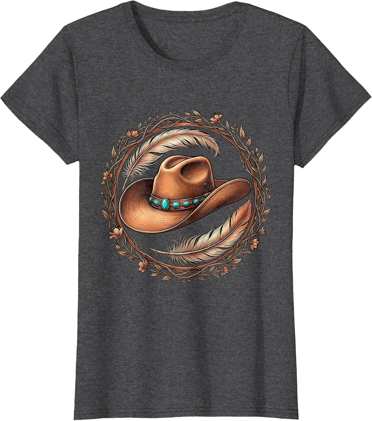 Women's Cowgirl Hat Feathers and Turquoise Gems Western T-Shirt - Dark Heather Grey