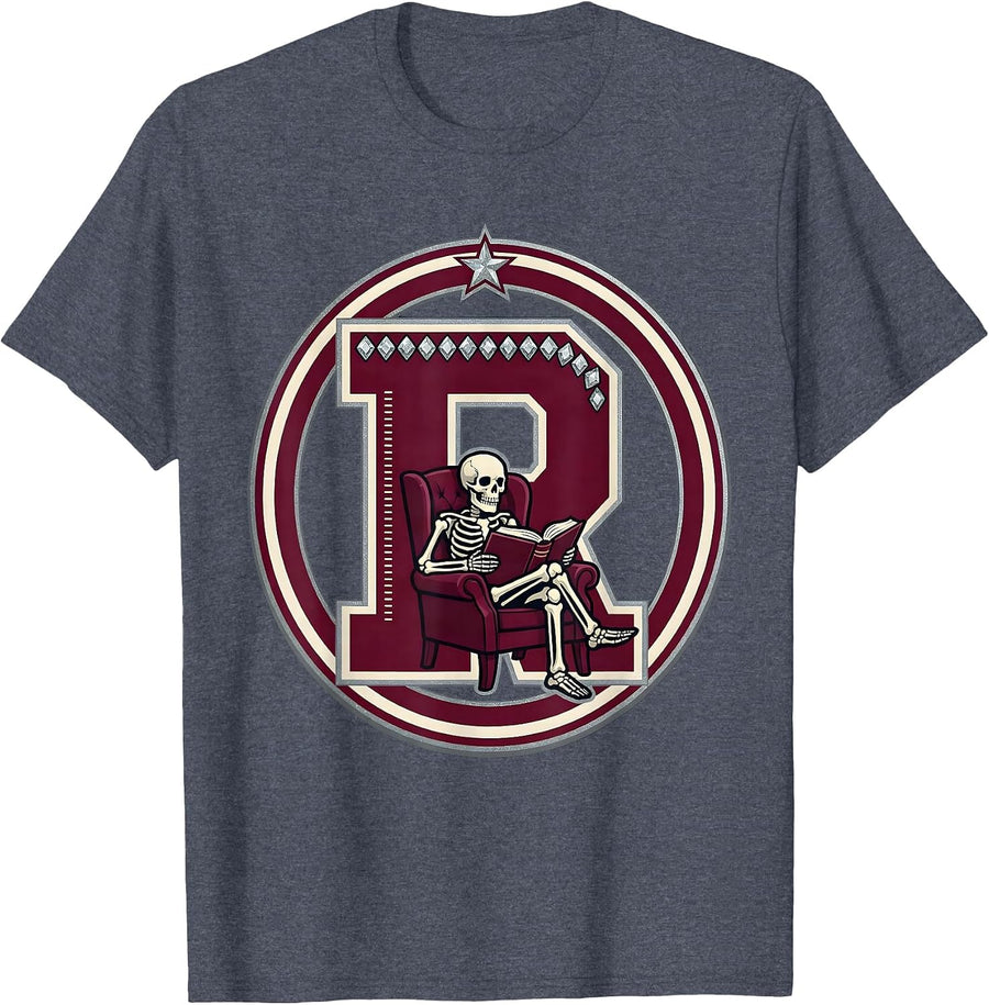 Skeleton Bookworm Lounging With Novel Graphic T-Shirt - Heather Blue
