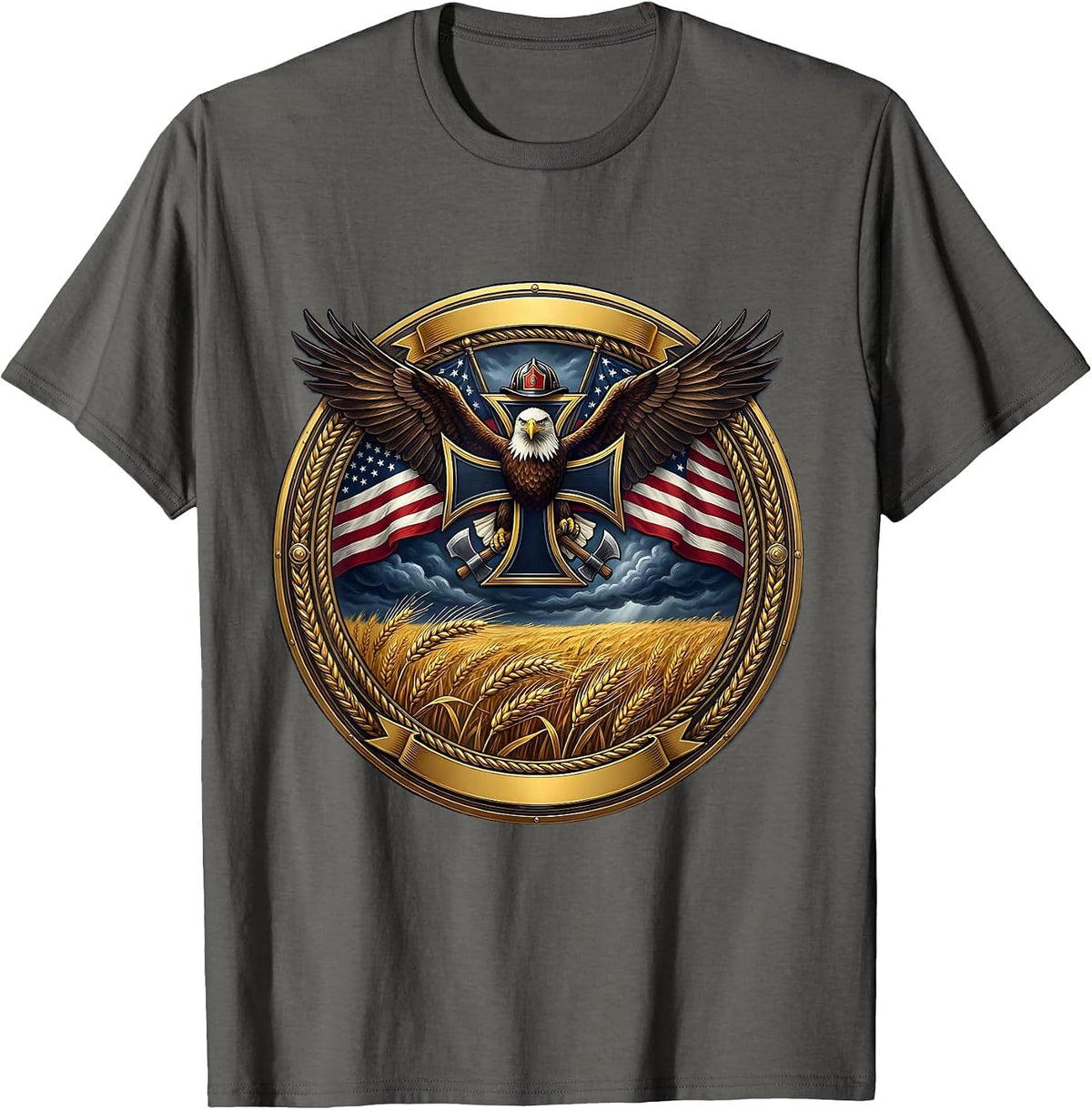 Men's Golden Wheat Field Stormy Sky USA Landscape T-Shirt - Asphalt Grey